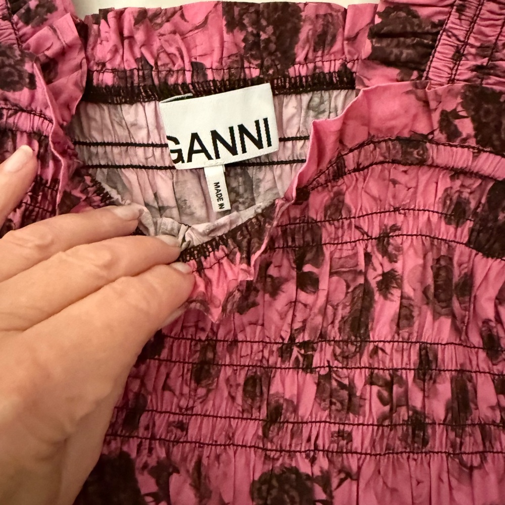 GANNI Pink and Black Floral Smocked Cotton Top - Sz 38 US 6 - Picture 7 of 12